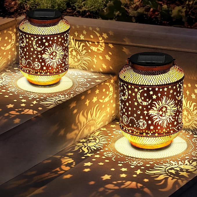 Solar Lanterns Outdoor Garden Decor, Metal Sun Moon Decor Lanterns Birthday Gifts for Women Mom Grandma, Waterproof Hanging Outdoor Solar Lights for Patio, Yard, Lawn, Landscape
