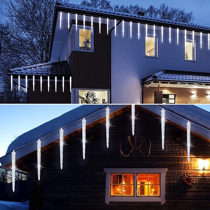 Christmas Icicle Lights Outdoor, 10Ft Meteor Shower Lights with 10 Ice Shaped Tube, Snowfall Shooting Star Light Effect, Falling Crystal Christmas Decorations for House Eave Roofline, Cool White