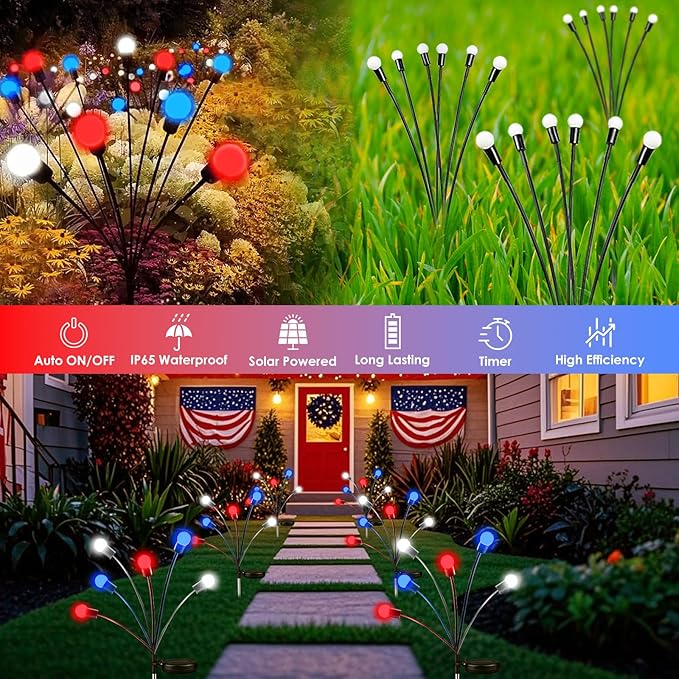 OZS 6pack Solar American Flag Lights - 4th of July Solar Garden LED Outdoor Waterproof Firefly Light for Memory Day, Independence Day, National Day Decoration (Red White Blue)