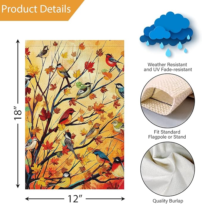 Louise Maelys Welcome Fall Garden Flag 12x18 Double Sided, Small Burlap Autumn Maple Tree Birds Thanksgiving Outside Outdoor House Yard Decor
