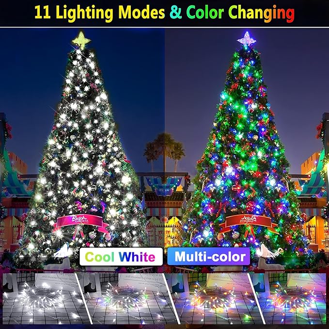 KNONEW 197FT 500 LED Christmas String Lights Outdoor Color Changing 11 Modes Timer Fairy Light Plug in Waterproof Lights for Xmas Tree Yard Wedding Decorations (Cool White to Multicolor)