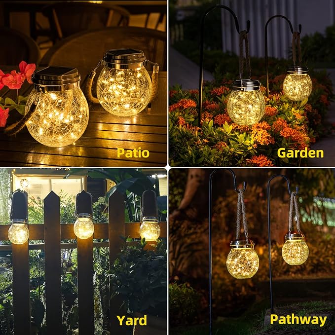 ROSHWEY Solar Lantern, 2 Pack Garden Decor Lights Waterproof Outdoor Lanterns with 30 LED Solar Lights Patio Hanging Lights for Backyard Fence Pathway Porch Christmas Decorative, Warm White