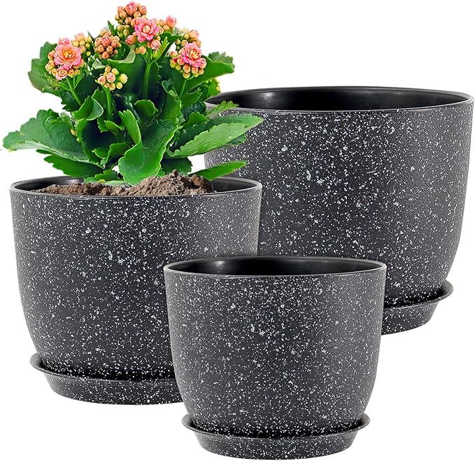 Large Flower Pots 12/10/9 inch, Set of 3 Modern Decorative Plastic Planters with Drainage Holes and Saucers for Garden House Plants, Plant Pots for Indoor Outdoor Plants, Speckled White