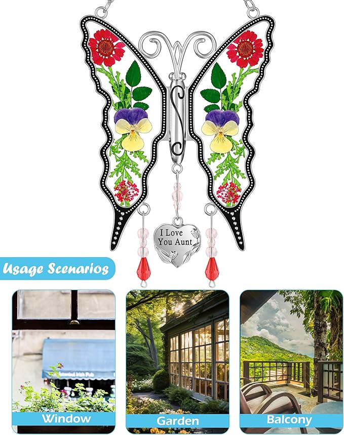 KY&BOSAM Butterfly Suncatcher I Love You Aunt Stained Glass Hanign for Window Catchers with Pressed Real Flower and Heart Charm Home Garden Decor Birthday Gifts for Aunt Mothers Day Christams Ornament