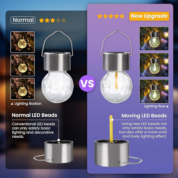Hanging Solar Lights Outdoor,New Upgraded Moving Led Beads,Solar Powered Waterproof Lighting,4 Pack Hanging Globe Solar Lights for Garden Yard Patio Fence Christmas Decoration (Warm White)
