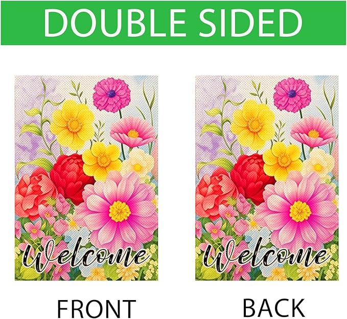 Welcome Spring Floral Garden Flags 12x18 Inch double sided,Seasonal Flowers Yard Holiday Outdoor Burlap Garden Farmhouse Decor