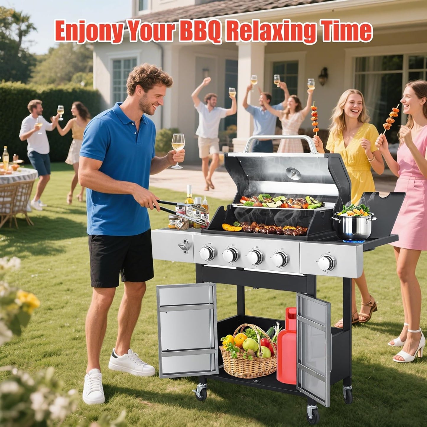 HYCHIKA 4-Burner Propane Grill with Sear & Side Burner, 46790 BTU Gas Grill with Griddle Pan & Enameled Cast Iron Grates, BBQ Grill with 439 Sq. In. Grilling Area for Outdoor, Patio, Backyard Babecue
