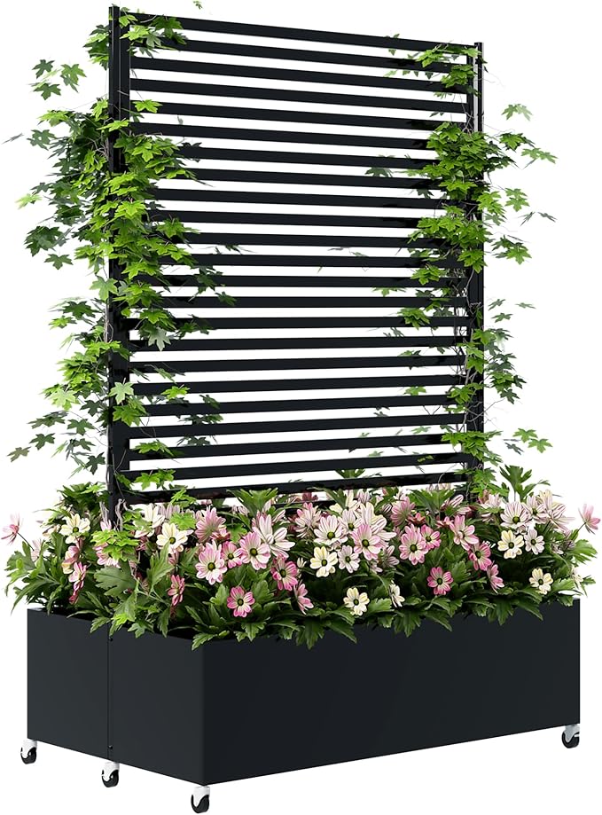 Double Metal Planter Box with Trellis Privacy Screen, Raised Garden Bed with Trellis & Wheels, Planter Box Outdoor with Drainage Holes for Climbing Plants, Vegetable, Vines,73"x 47"x 30", Black