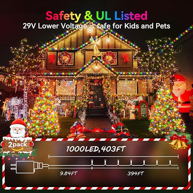 Hezbjiti 2 Pack 1000 LED 403 FT Christmas String Lights Outdoor, 8 Lighting Modes IP44 Waterproof Fairy Lights with Timer and Dimmable Function for Party Tree Decorations (Multicolor, Clear Wire)