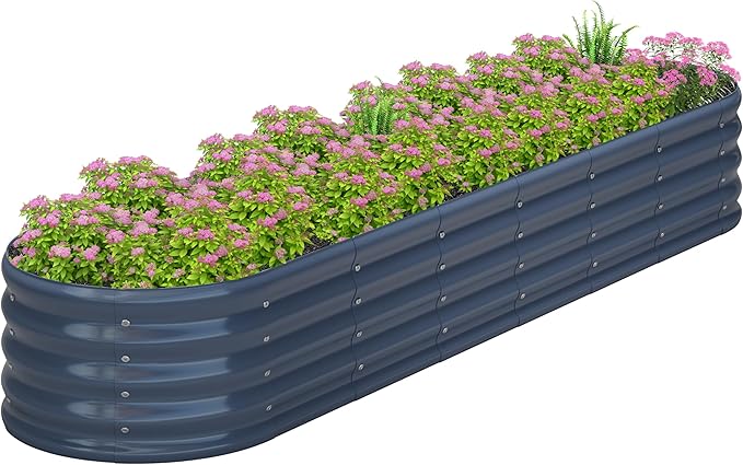 KFN 8x1.8x1FT Galvanized Raised Garden Bed,Raised Garden Bed Kit-Oval Metal Vegetable Box,Large Planter Flower Boxes Outdoor,Planting for Vegetables,Flower,Herb,Grey,0.7mm