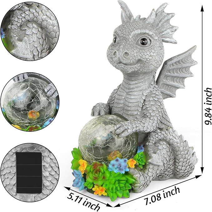 Solar Garden Outdoor Statues Dragon Holding Magic Orb with Solar LED Lights - Lawn Decor Outdoor Statue for Patio, Balcony, Yard Ornament,Unique Gifts for Mom Grandma