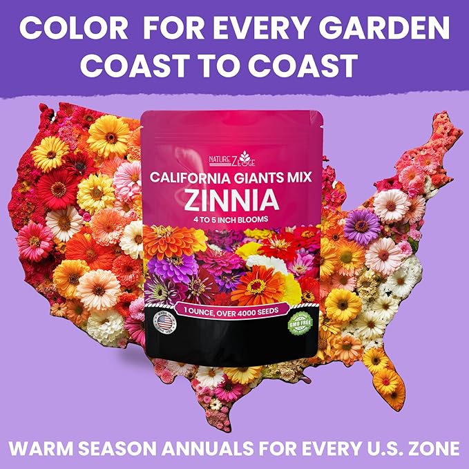 NatureZ Edge Zinnia Seeds for 2025 Planting Outdoors, Over 16,500 Flower Seeds, 1/4 lb, Non GMO Made in USA, Bulk Semillas De Flores para Sembrar, California Giants, Easy to Grow Zinnia Seed Mix