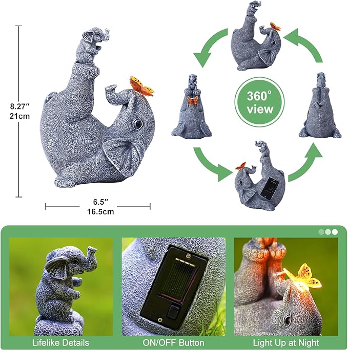 Mommy & Baby Elephant Garden Statue with Solar Butterfly Lights - Perfect Elephant Decor & Ornament for Women, Housewarming Gifts and as Garden Decorations