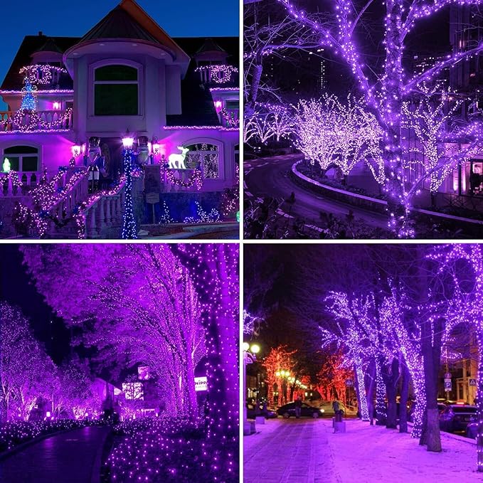 QITONG 4 Pack Purple Solar Fairy Lights, Each 33ft 100 LED Solar Christmas Lights, 8 Modes Solar Twinkle String Lights
