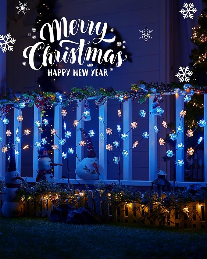 Brightown Snowflake Pathway Lights - 4 Packs Christmas Yard Lights with Small Christmas Tree, Blue & Warm White Outdoor Decorations