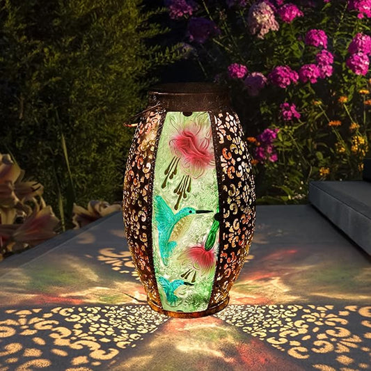 Solar Lanterns Outdoor Hanging Light - Solar Powered Hummingbird Glass LED Lights Decorative Waterproof Tabletop Lamp with Hollowed-Out Design for Indoor Yard Table Patio Garden Pathway Holiday