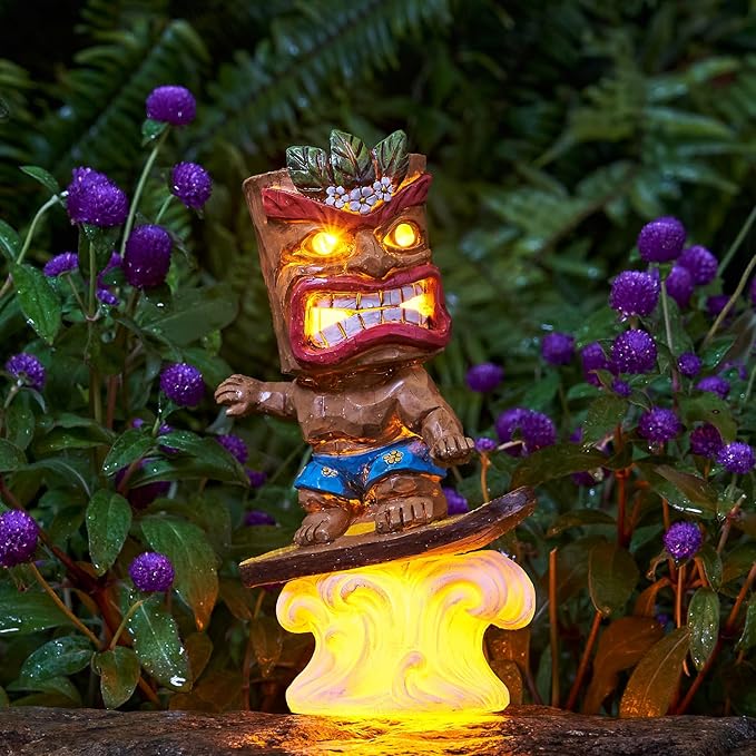 Solar Tiki Statue Outdoor Decor-Tiki Bar Decor-Garden Tiki Surfing Statues Waterproof Decoration Figurine for Tiki Bar,Patio,Balcony,Yard,Lawn,Table,Desk 9.92 Inches Tall