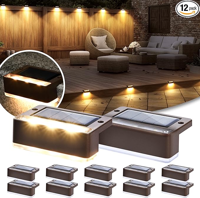 SOLPEX Solar Fence Lights, 6 LEDs Solar Lights Outdoor Waterproof Solar Powered for Deck, Stair, Front Porch, Balcony, Walkway, Garden, Yard, Patio, Pool Decor, IP65 Waterproof (12 Pack, Warm White)