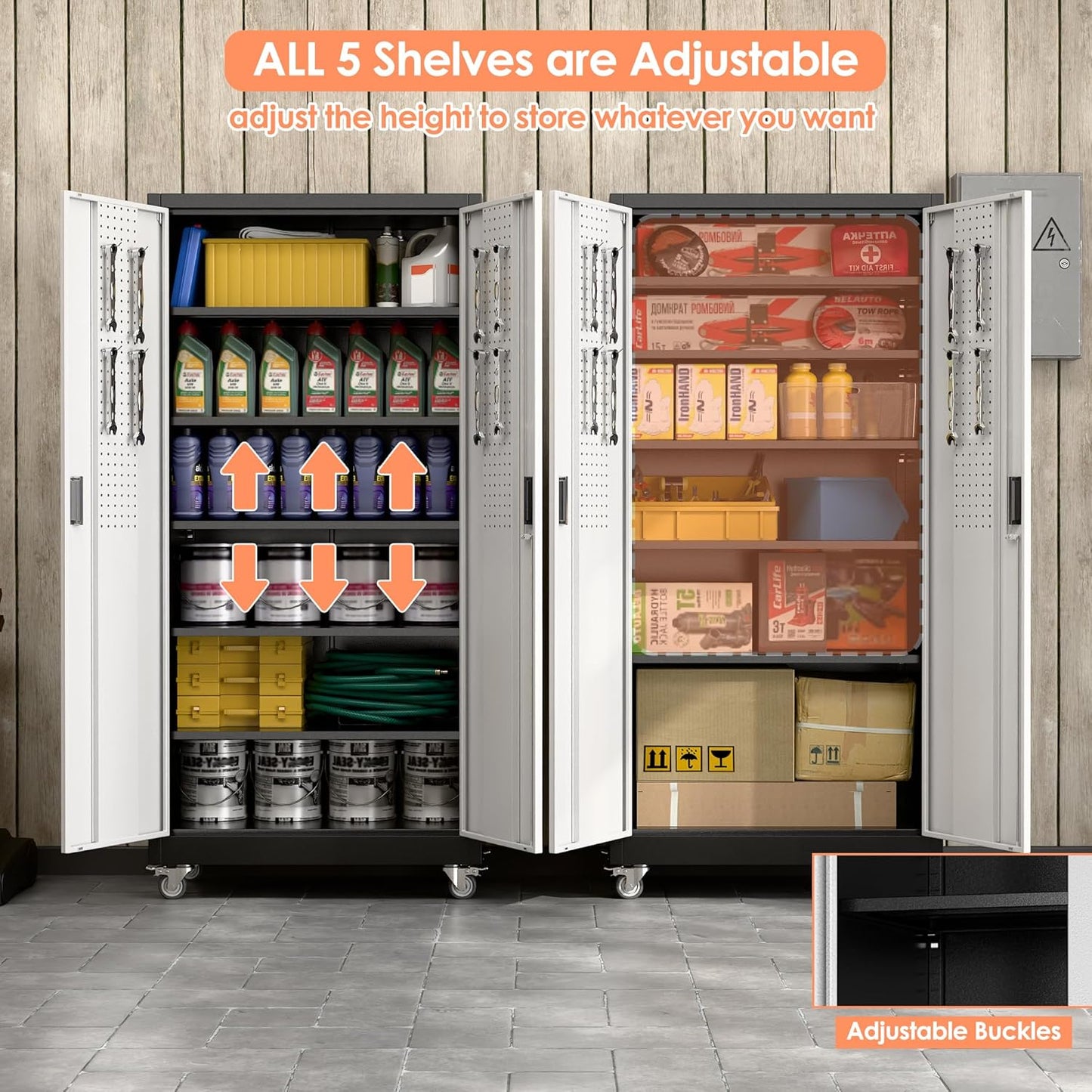 Aobabo Garage Metal Storage Cabinet with Wheels, 71" H×34" W×18" D Locking Steel Storage Cabinet with 5 Shelves and 4 Hooks, for Home Office, School, Assembly Required, Black Silver