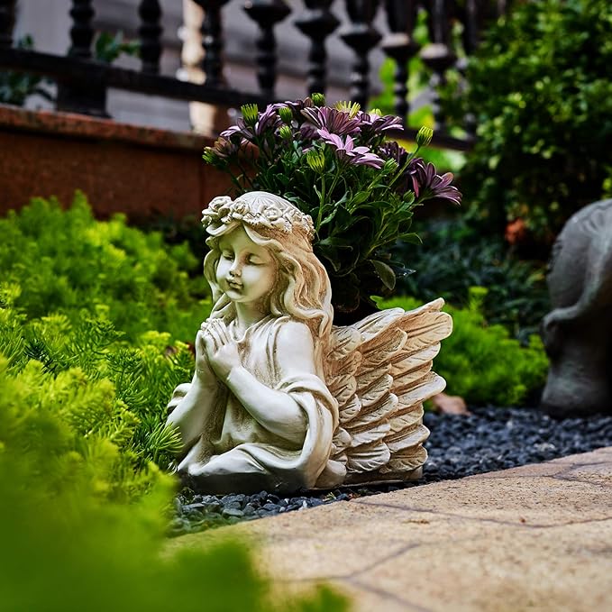 Praying Angel Bust Garden Statue Planters, Angel Wing Planters Pots Mini Vase for Patio, Lawn, Yard Art, Cemetery Grave Decoration, Resin Classical Antique, 8.26" H