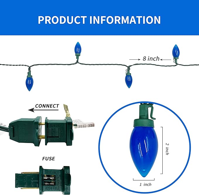 C9 Christmas Lights Outdoor 50 LED Blue Strawberry Waterproof String Lights Xmas Tree Indoor Decoration Plug in 34.5 Feet Used for Home Festive Courtyard Patio Garden(Blue)