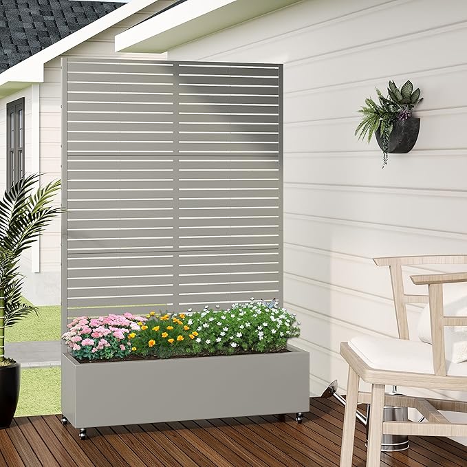 Casaphoria Metal Raised Garden Bed with Trellis and Wheels, 72"x47"x16" Planter Box for Climbing Plants, Vegetables & Vines, Features Drainage Holes and Privacy Screen (Grey-Louvered)