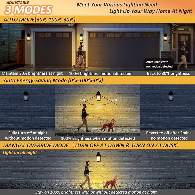 2 Packs Motion Sensor Outdoor Wall Lights - Black Dusk to Dawn Outdoor Lighting, LED Waterproof Exterior Garage Light Fixture, Modern Porch Light Outside Wall Mount for Front Door, House, Anti-Rust