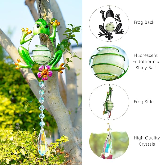Stained Glass Metal Frog Suncatcher Crystals for Window Ornament - 17" Outdoor Fence Wall Art Decor, Rainbow Maker Hanging for Garden Yard Living Room Bedroom Patio Balcony