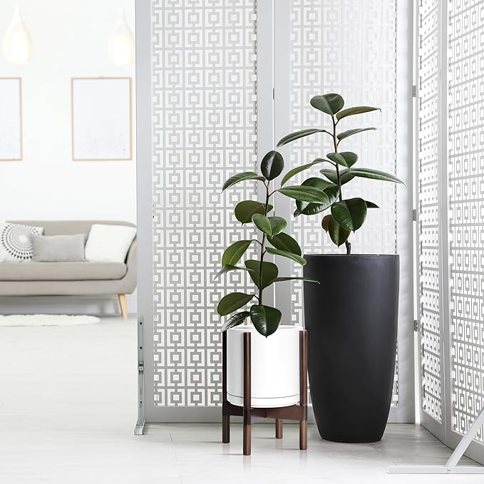 D'vine Dev Ceramic Planter with Walnut Color Stand - 10 Inch Modern Round Flower Pot with Wood Planter Holder, White, 55-B-X-1