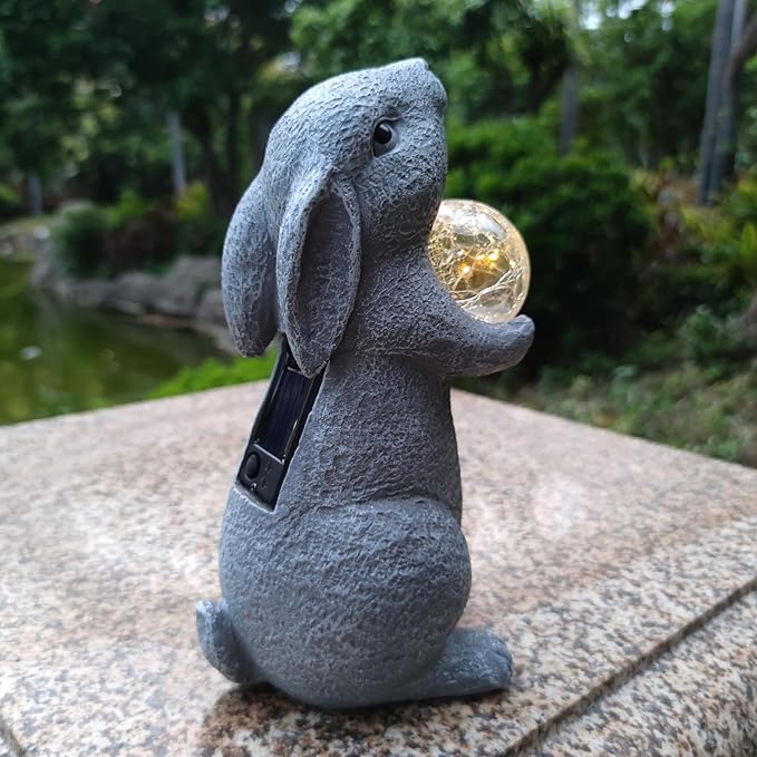 Solar Rabbit Statue Garden Decor -Rabbit Lover Gifts, with Gazing Solar LED Lights Ball Bunny Decoration for Garden Yard Patio Lawn Balcony - Gifts for Mom Grandma