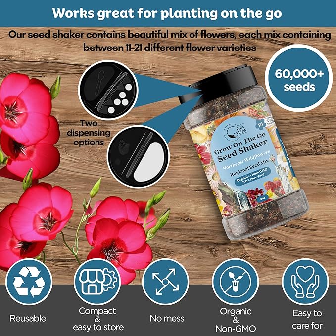 on The Go Regional Wildflower Seed Shaker - Northeast USA Wildflowers - 100% Pure Seed - Organic, Non-GMO - 21 Wildflower Variety Seeds of Annual & Perennial, 2oz