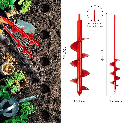 Garden Auger Drill Bit for Planting-1.6x16'' & 3.54x15.7,Ground Earth Spiral Drill Bit for 3/8" Hex Drive Drill, Yard Auger Drill for Bulbs Planting, Hole Digger Flowers,Umbrella Holes,Bedding Digging