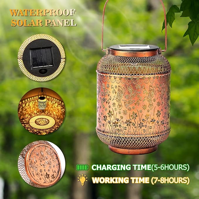 Solar Lanterns Outdoor Hummingbird Garden Decor, Metal Decor Lanterns Gardening Gifts for Women Mom Grandma, Waterproof Hanging Solar Lights for Outside, Patio, Yard, Porch, Backyard