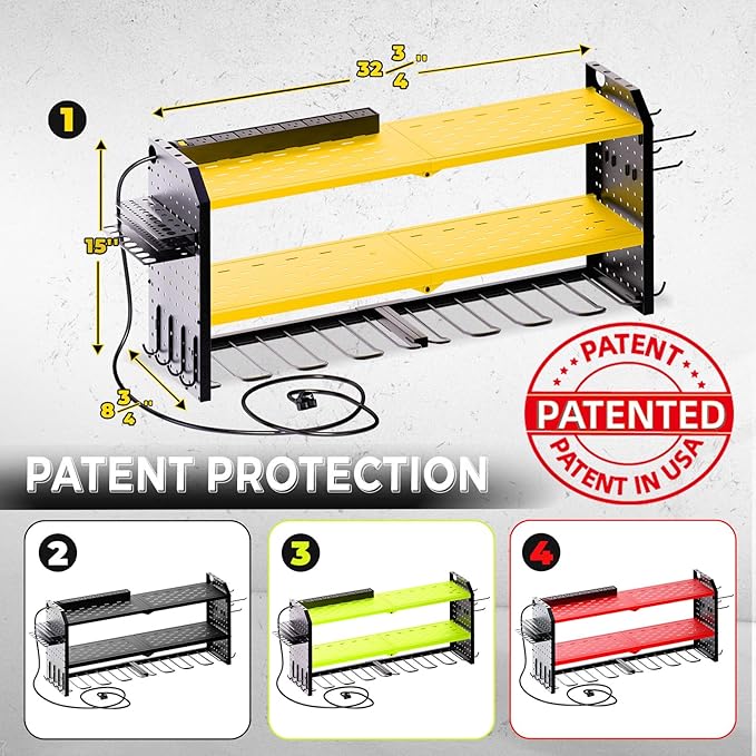 KAFAHOM Power Tool Organizer with Charging Station, Built in 8 Outlet Power Strip,Large 8 Drill Holder Wall Mount, Heavy Duty Metal Power Tool Storage Rack Tool Shelf for Garage Organization Yellow