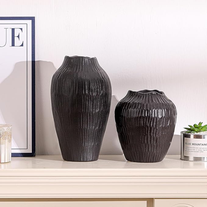 Elegant Black Ceramic Vase - Modern Minimalist Home Decor Vase, Centerpiece for Living Room, Dining Table, Office - 11.6 Inches Tall, Handcrafted Pottery for Farmhouse, Boho, Contemporary Style