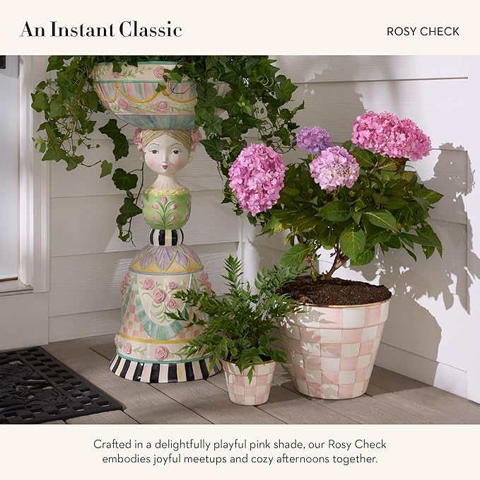 MACKENZIE-CHILDS Enamel Garden Pot, Decorative Pot for Plants, Outdoor Flowerpot Decor, Extra Large, Pink-and-White Rosy Check