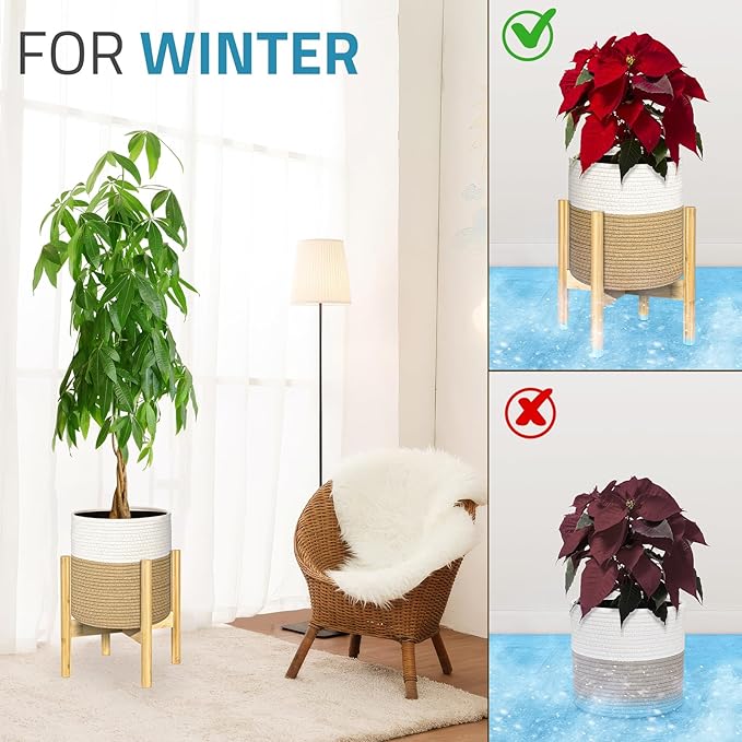 PAULINN Plant Basket with Stand 2 Packs, 11" x 11" & 9" x 9" Woven Plant Basket with Bamboo Stand, for Indoor Plants, Fits 10" x 10" & 8" x 8" Plant Pots