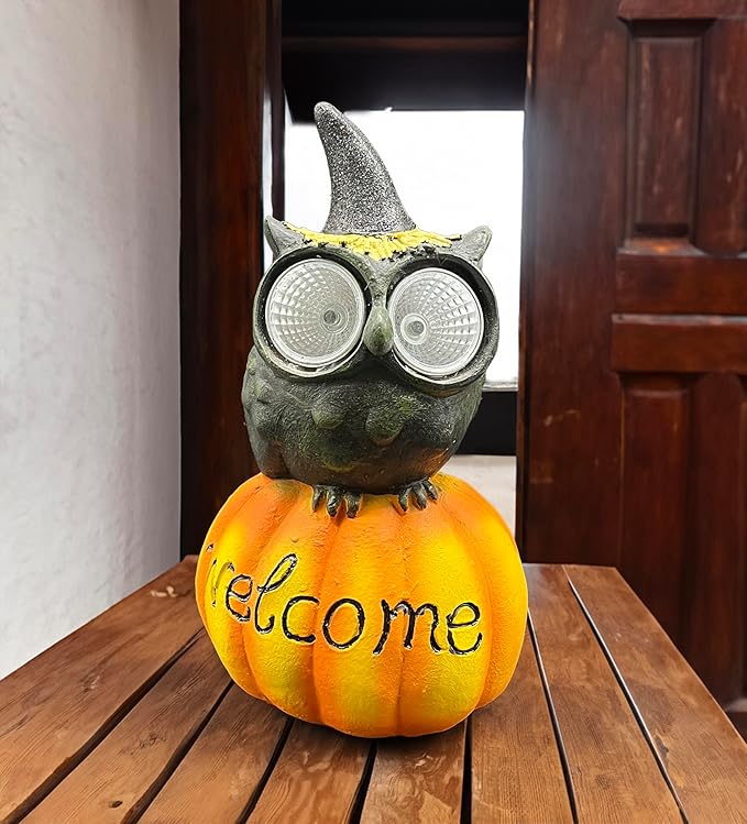 coolboy Pumpkin Owl Garden Statue,Waterproof LED Lights Outdoor Decor,Resin Owl Ornament,Pumpkin Lantern Indoor Figurines for Patio Garden Table Decor for Ourdoor Garden