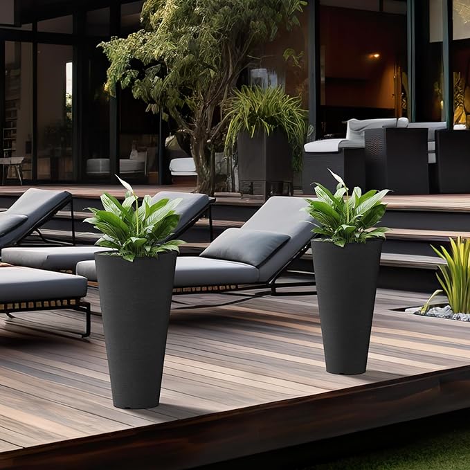 Kante Tall Round Planter Set of 2, 18" H Large Decorative Planter Pots for Outdoor Indoor Garden Patio Front Porch (Black)