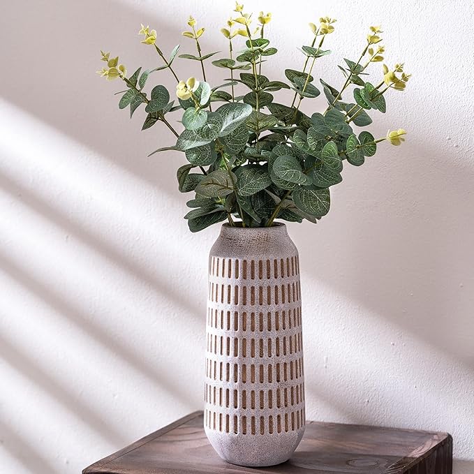 Rustic Ceramic Flower Vase, Terracotta Farmhouse Decorative Vintage Vases, Stone Clay Floral Vase, Concrete Grey Home Decor Vases for Living Room, Entryway, Kitchen, Bedroom, Bathroom Shelf 9.6 Inch