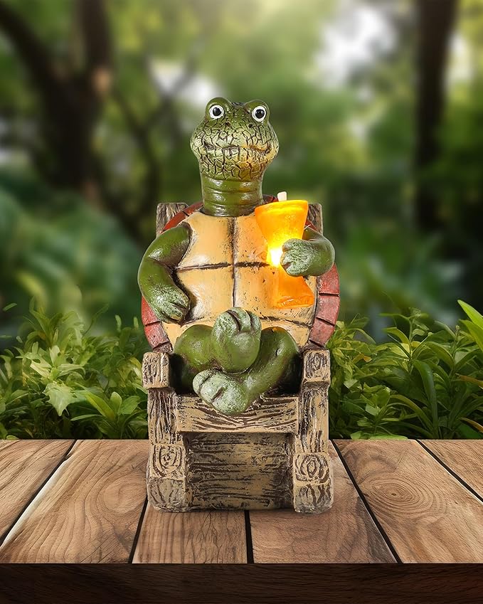 iStatue Solar-Powered Turtle Figurine Light with Glowing Cup - 5.5 in Lifelike LED Decorative Lamp for Outdoor Ambiance - Patio Table, Yard & Garden Decor (Turtle)
