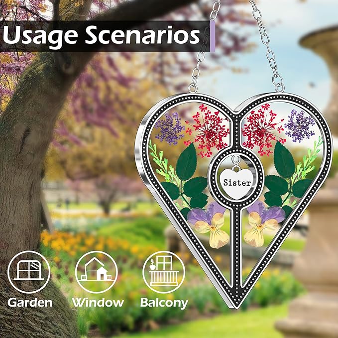 KY&BOSAM Heart Suncatcher Sister Stained Glass for windsows Hanging Wind Chimes with Pressed Real Flower Heart in Glass with Metal Trim Heart Charm Birthday Gift for Sister Mothers Day Christmas Decor
