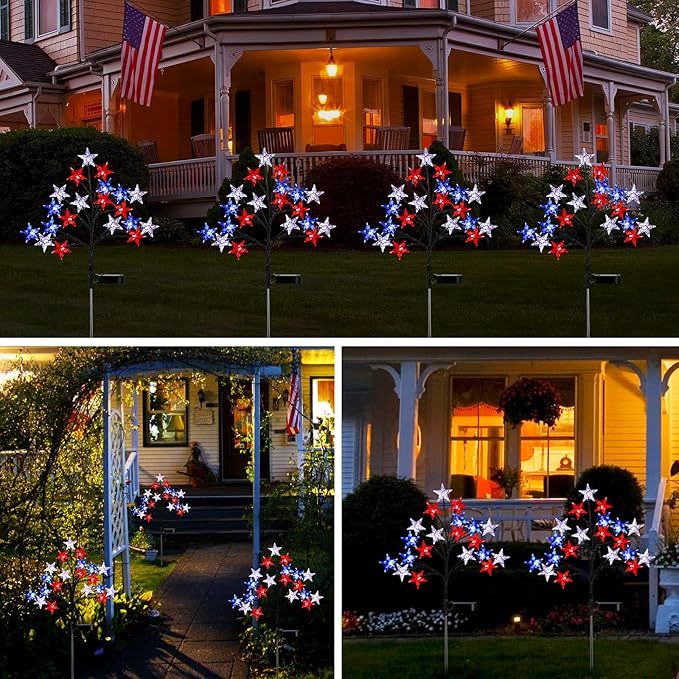 Solar 4th of July Stake Lights, Red White and Blue Lights Outdoor Decorations, Led Patriotic Lights Battery Operated for Memorial Day, July 4th, Veterans Day Outside Decor (2 Individual Pack)