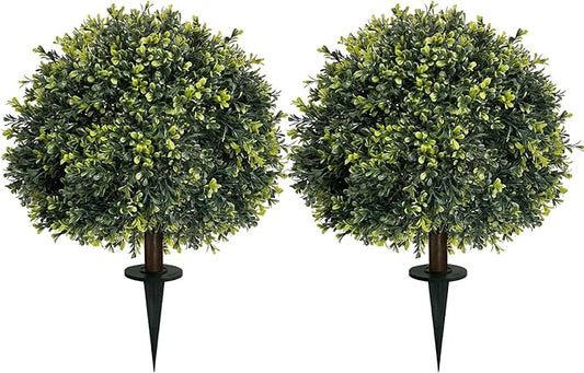 ICX 2 Pack 24" Artificial Boxwood Topiary Ball Trees with Ground Spike,Artificial Plants Outdoor,Fake Bushes & Shrubs for Porch, Garden, Front Porch Decor - Indoor/Outdoor Faux Plants