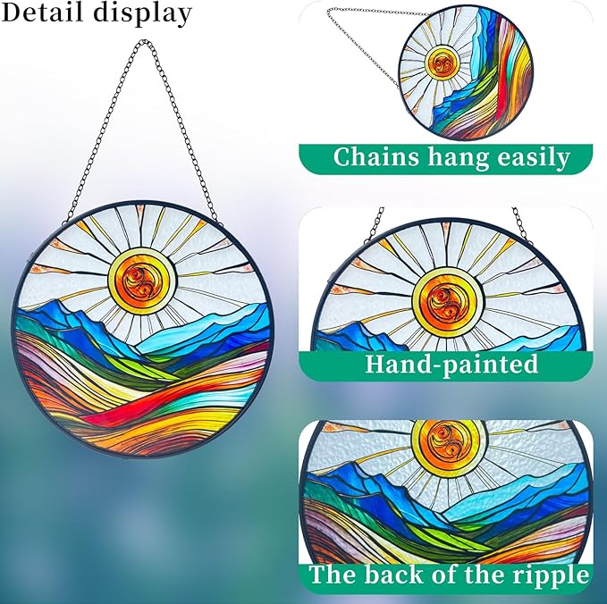 Artistic Colorful Sunrise Stained Glass Suncatcher - Window Wall Hanging Ornament Hand-Painted Glass Panel Sun Catcher - Decoration for Home Garden Christmas Party Wedding Housewarming Gifts
