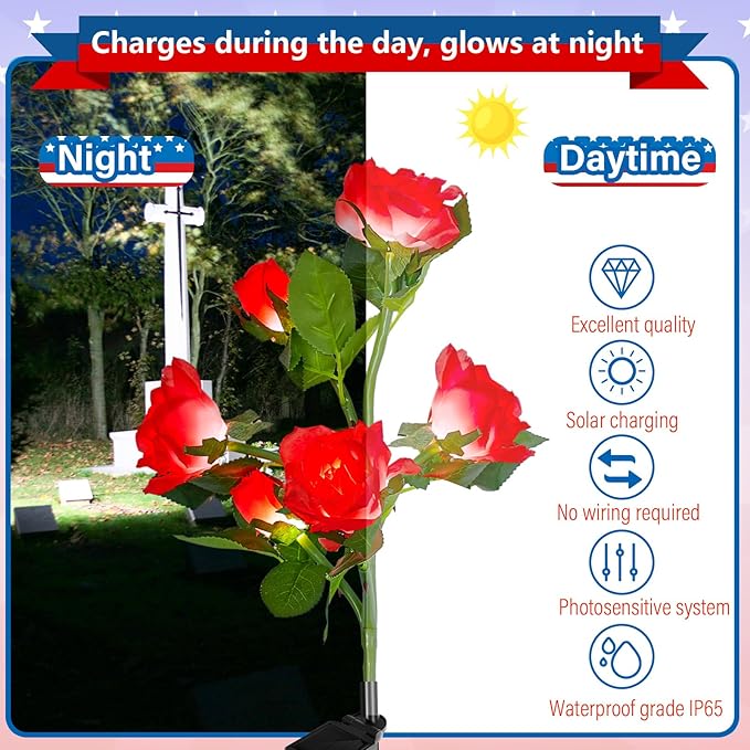 Woanger 4 Pcs Solar Flowers Cemetery Grave Decorations Outdoor LED Flower Lights with 6 Rose Powered Garden Stake Lights Waterproof for Independence Day Grave Decorations (Red, Blue)