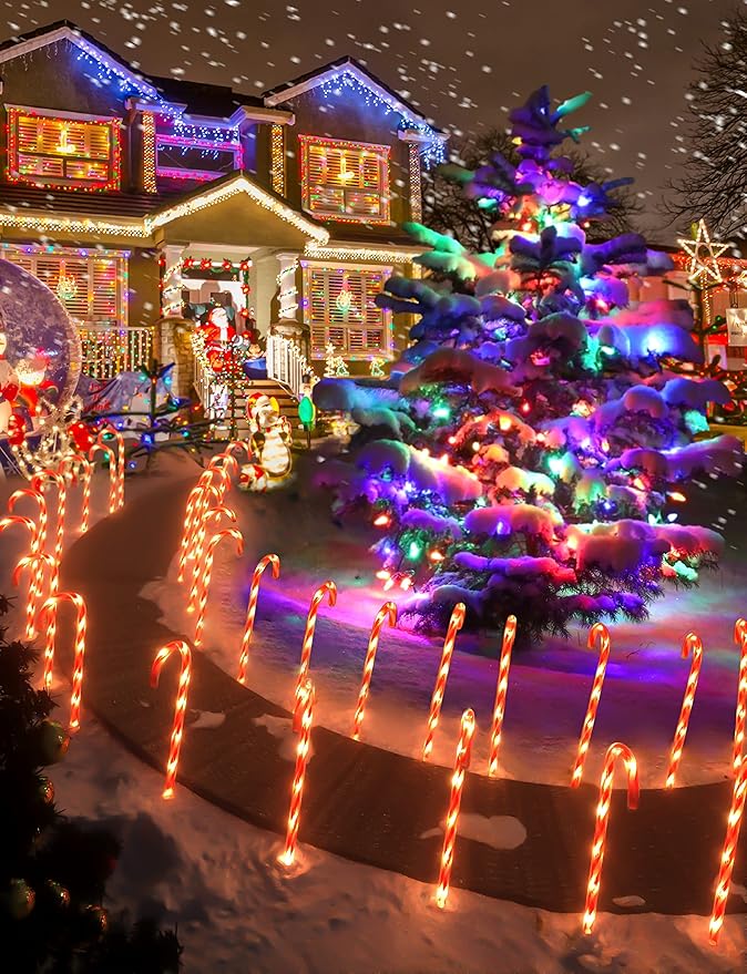 COOLWUFAN 28" Christmas Candy Cane Pathway Markers, Set of 12 Pack Christmas Outdoor Decorations Pathway Lights with 72 Warm Lights for Christmas Holiday Party Walkway Patio Garden Yard Lawn Decor
