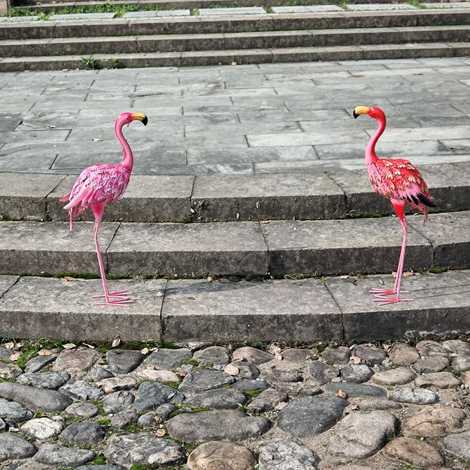 Garden Statues Flamingo Sculptures Metal Yard Art, Pink Bird Art Outdoor Backyard Decor Patio Lawn Porch Ornament Flamingo Yard Decoration (Pink with White)