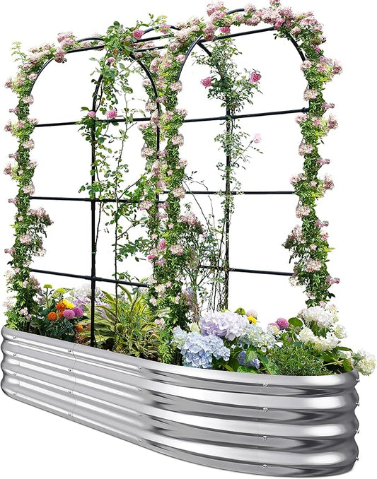 KING BIRD Raised Garden Bed with Arched Trellis Galvanized Planter Garden Box Outdoor for Gardening, Climbing Vegetables, Flowers 5.9x2.95x0.98 Ft, Silver