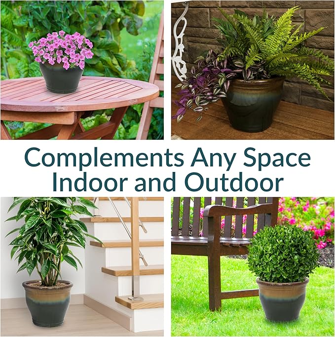 Sunnydaze Studio Large Ceramic Plant Pot - Round Outdoor Glazed Ceramic Planter Pot with Drainage - Forest Lake Green - 14.5"